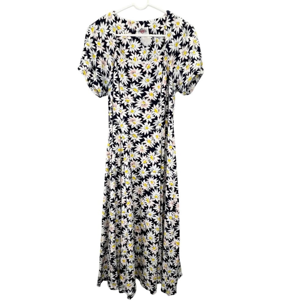 Vintage Lanz Originals 80s 90s Daisy Midi Dress Lace Up Back M Blue White Yellow